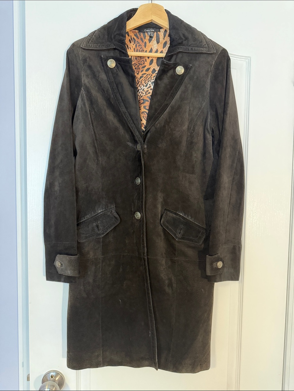 Crazy Line Dark Chocolate Suede Coat – Size US 8 , Leopard Lining
